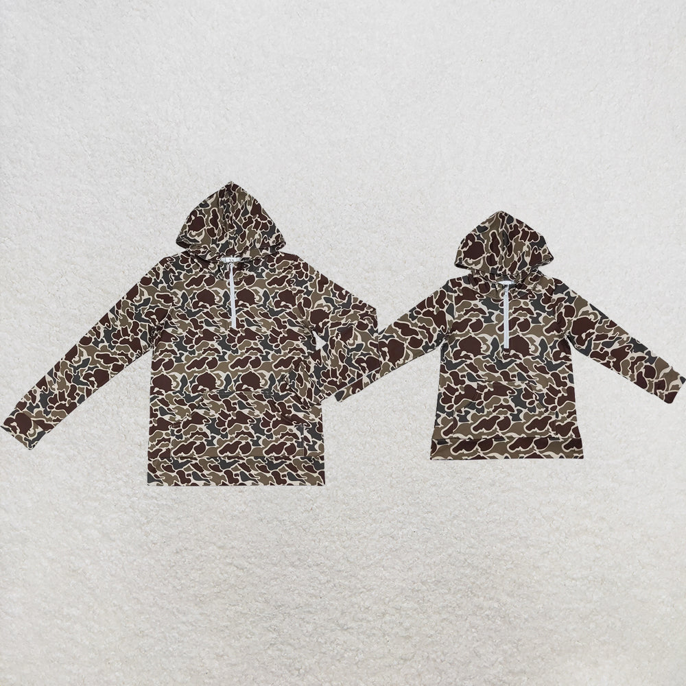 Mama and Me Boys Long Sleeve Dark Khaki Camo Zip Pocket Hoodies Top