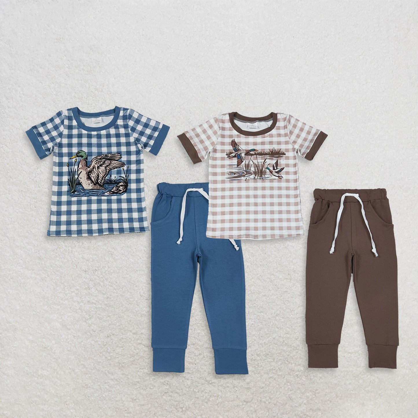 Sibling Baby Boys Short Sleeves Ducks Checked Top Pockets Jogger Hunting Clothes Sets