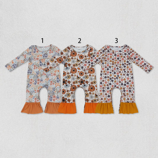 Sibling Baby Girls Colorful Flowers Leaves Fall Ruffle Pant Rompers