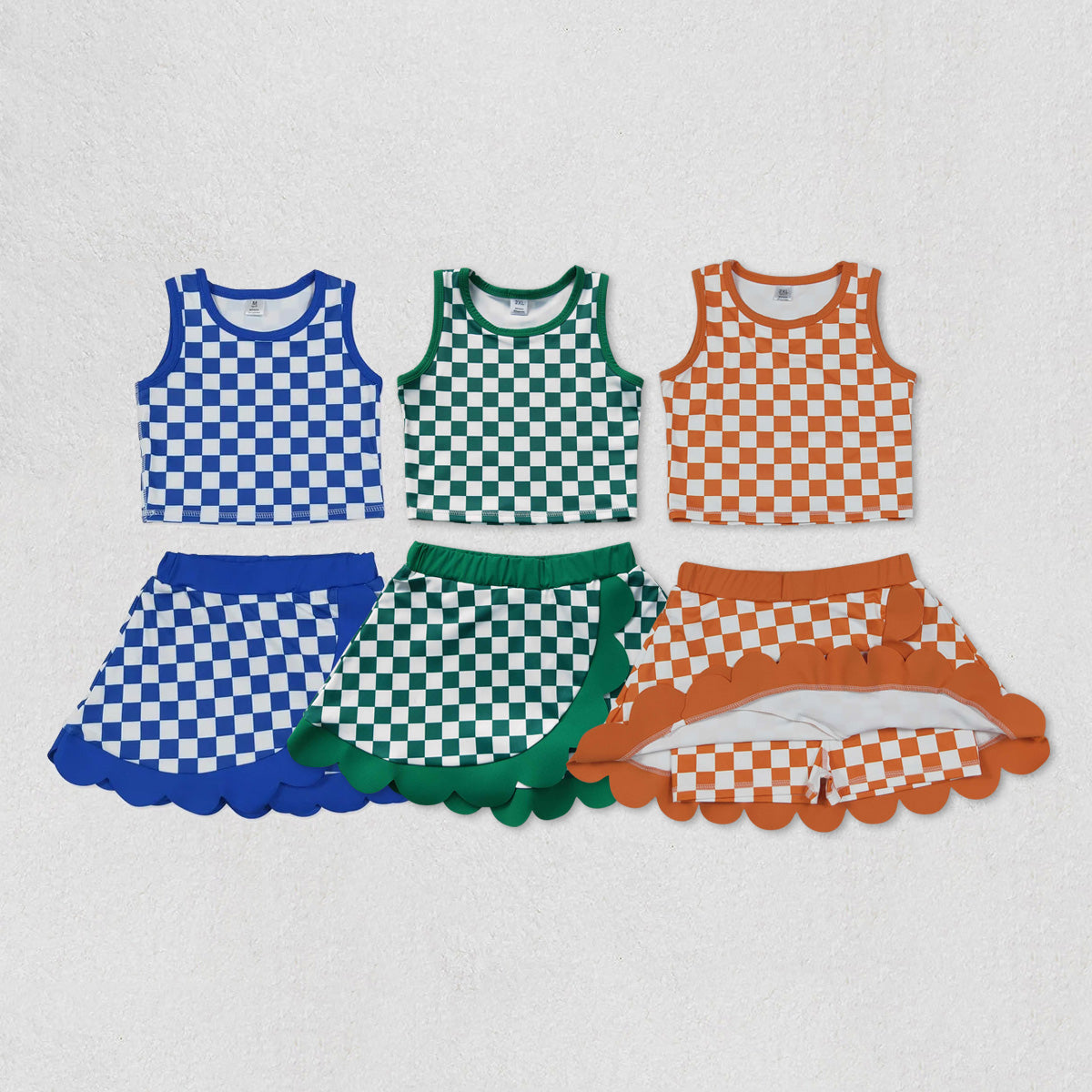 Sibling Baby Girls Colorful Checked Vests Scallop Skirt Short Yoga Active Clothes Sets