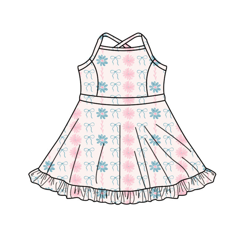 Preorder(moq 5) Baby Girls Daisy Flower Bows Stripe Strap Ruffle Shorts Knee Length Dresses