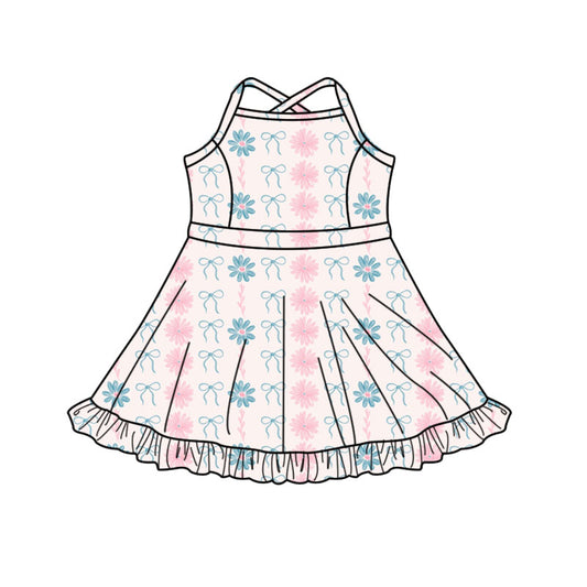 Preorder(moq 5) Baby Girls Daisy Flower Bows Stripe Strap Ruffle Shorts Knee Length Dresses