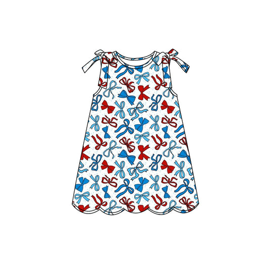 Preorder (moq 5)Baby Girls Red Blue Bows 4th of July Scallop Knee Length Dresses