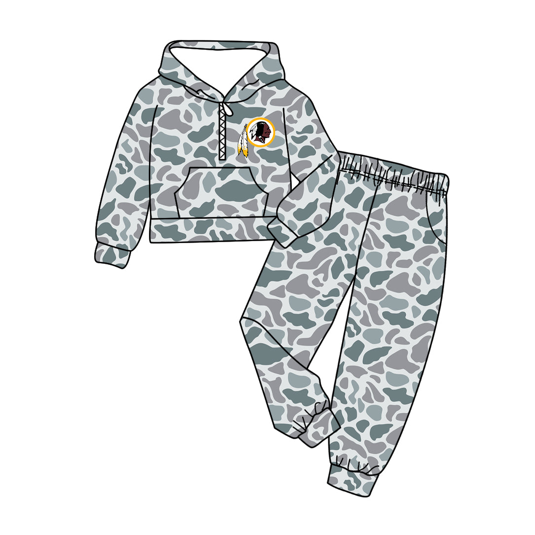 Preorder(moq 5)Baby Boys Grey Camo Redskins Zip Pullover Pockets Joggers Team Clothes Sets