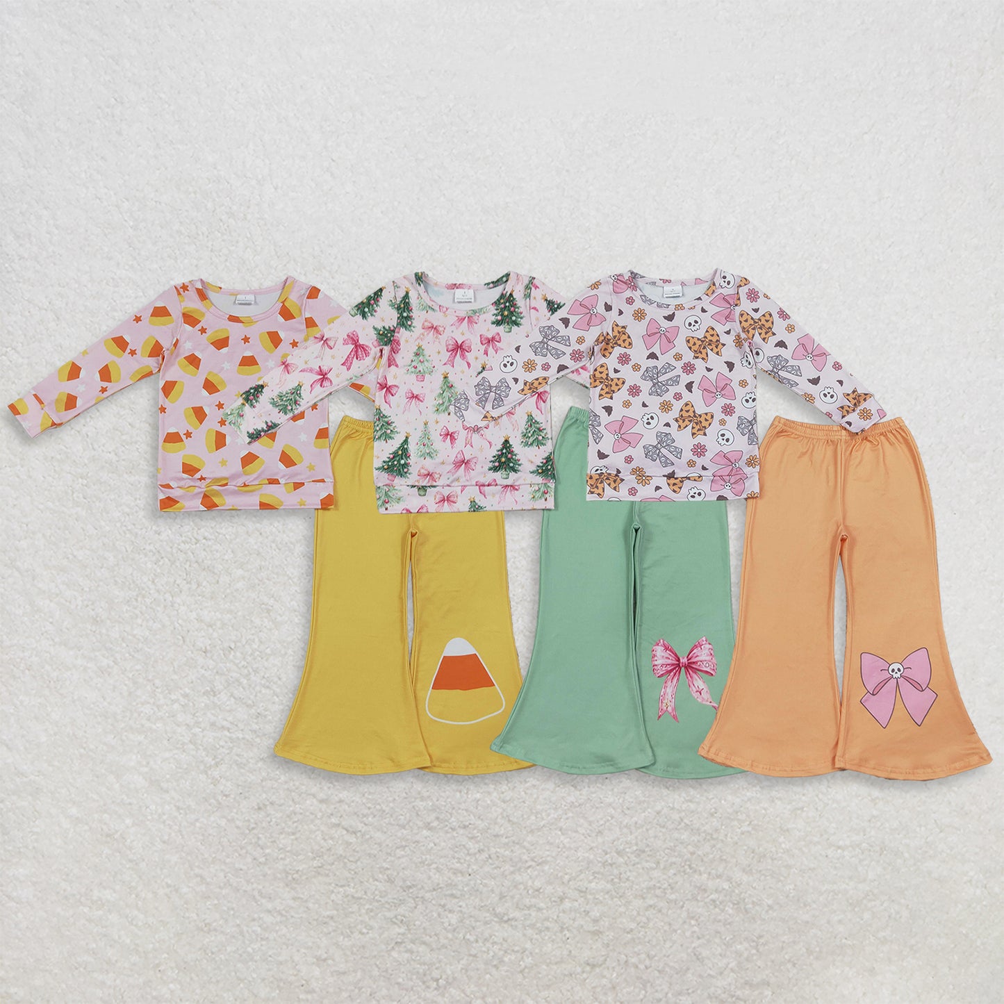 Sibling Baby Girls Bows Trees Candy Top Flare Pant Fall Christmas Clothes Sets