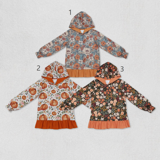 Sibling Baby Girls Flowers Pumpkins Fall Ruffle Hoodies Top