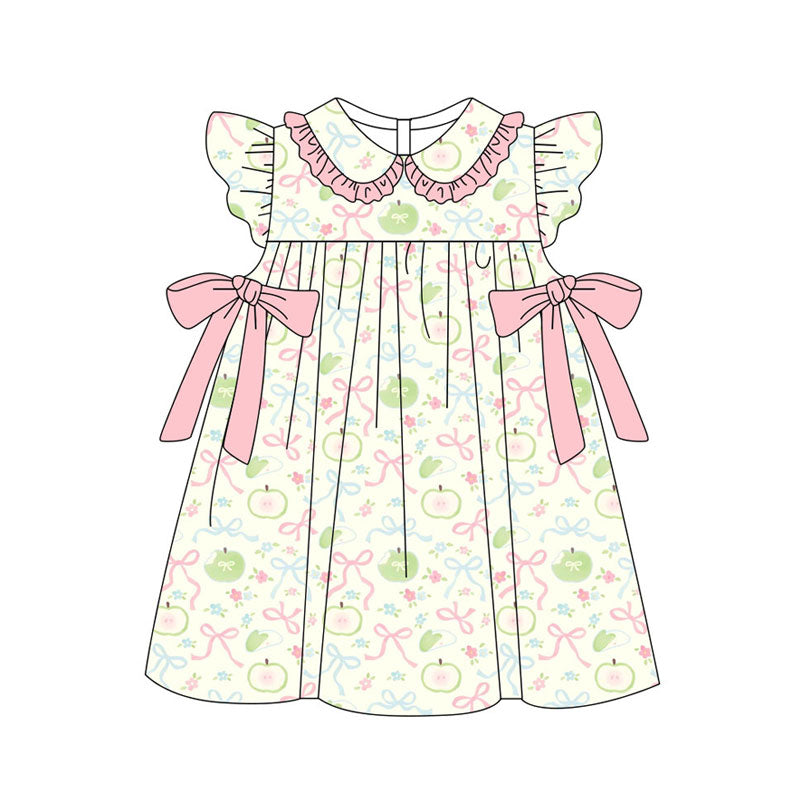 Preorder(moq 5) Baby Girls Apples Bows Flowers Ruffle Collar Knee Length Dresses
