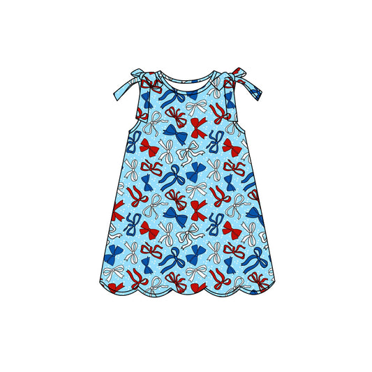 Preorder (moq 5)Baby Girls Red Blue Bows 4th of July Scallop Knee Length Dresses