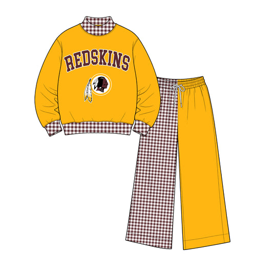 Preorder (moq 5)Baby Girls Yellow Redskins Top Flare Pant Team Clothes Set