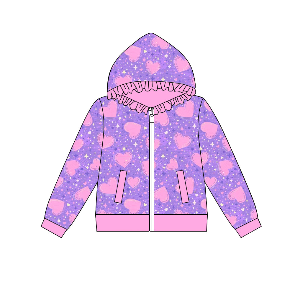 Preorder (moq 5) Baby Girl Clothes Purple Star Pink Heart Print Long Sleeve Ruffle Zip Hoodie Jacket