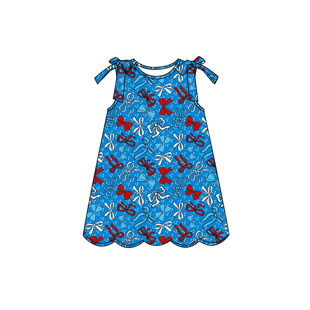 Preorder (moq 5)Baby Girls Red Blue Bows 4th of July Scallop Knee Length Dresses