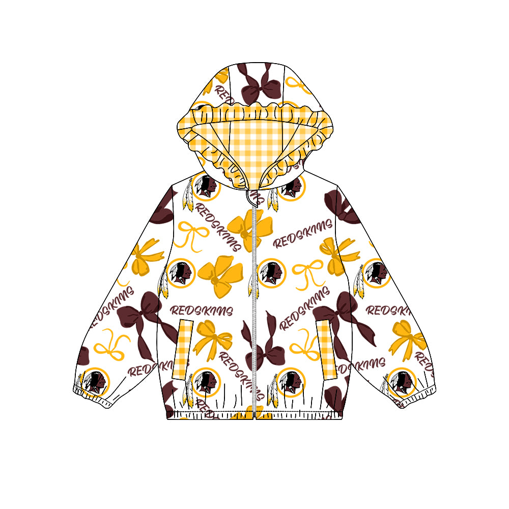 Preorder (moq 5)Baby Girls Bows Redskins Pockets Zipper Team Hoodie Jackets Top