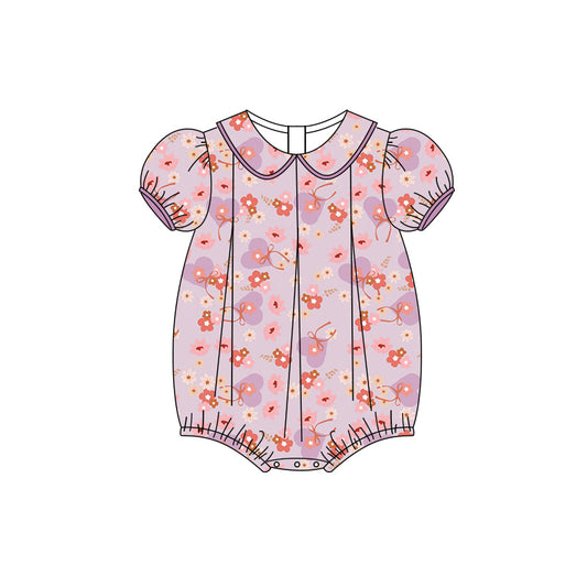 Preorder (moq 5)Baby Girls Lavender Short Ruffle Sleeves Hearts Flowers Rompers