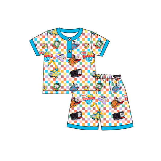 Preorder moq 5 Baby Boys Blue Plaid Short Sleeves Cartoon Trains Button Top Shorts Pajamas Set