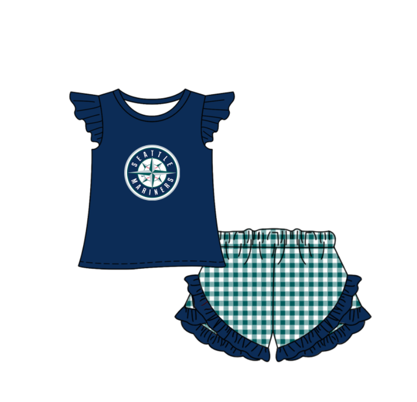 Preorder (moq 5)Baby Girls Seattle Mariners Shirt Top Checked Ruffle Short Team Clothes Set