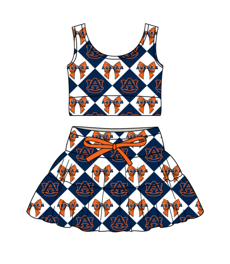 Preorder moq 5 Baby Girls Sleeveless AU Bows Checked Top Skirt Shorts Team Clothes Set