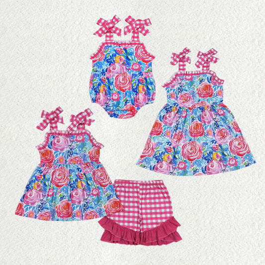 Baby Girls Pink Flowers Straps Sibling Summer Dresses Rompers Clothes Sets