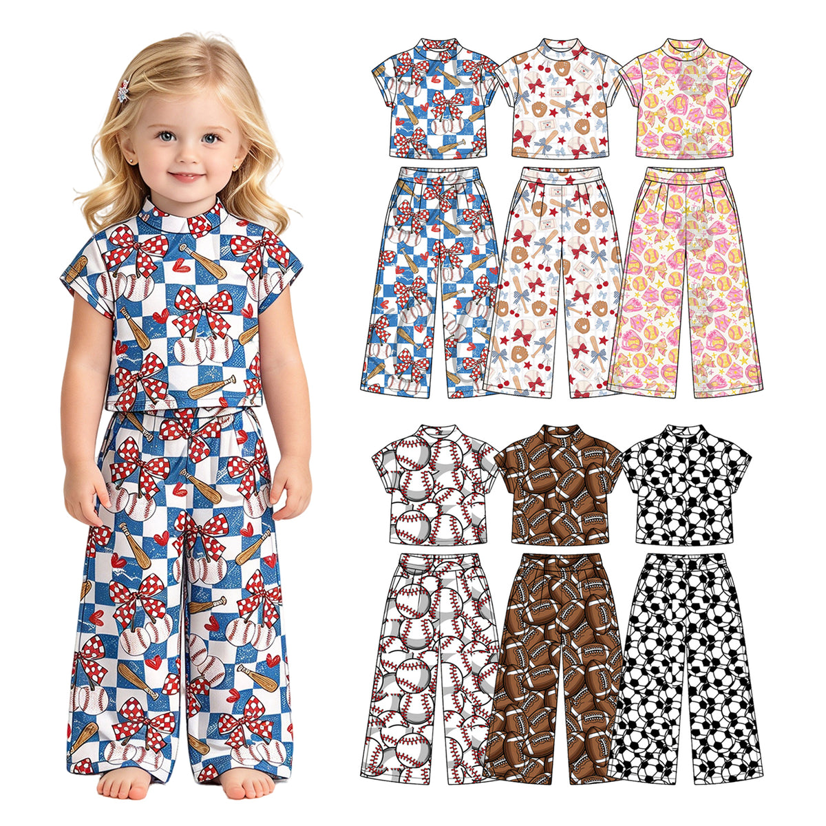 Preorder (moq 5) Baby Girl Clothes Soccer Ball Line Print Short Sleeve Crop Top Wide Leg Pant Set