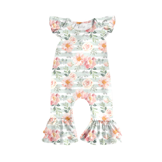 Preorder (moq 5)Baby Girls Flutter Sleeve Colorful Flowers Stripe Ruffle Footie Rompers