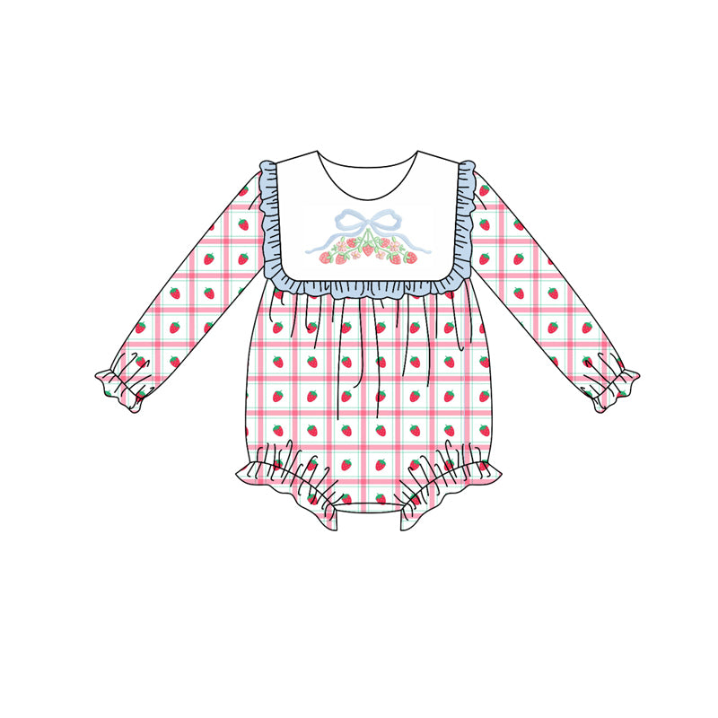 Preorder (moq 5)Baby Girls Long Ruffle Sleeves Bow Strawberry Plaid Bummies Rompers
