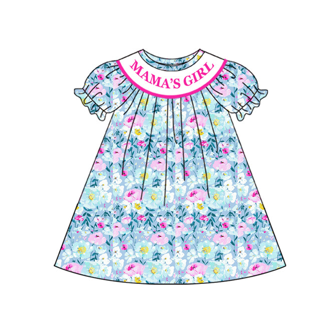 Preorder (moq 5)Baby Girls Mama's Girl Blue Flowers Print Knee Length Dresses