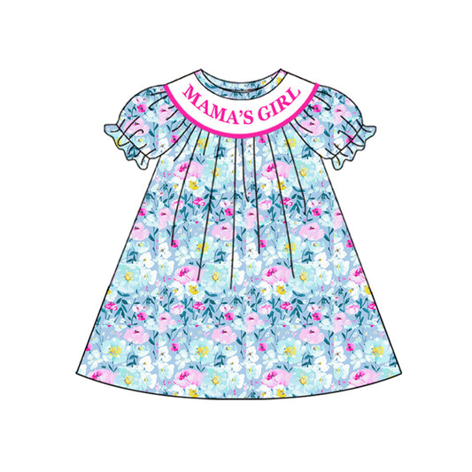 Preorder (moq 5)Baby Girls Mama's Girl Blue Flowers Print Knee Length Dresses
