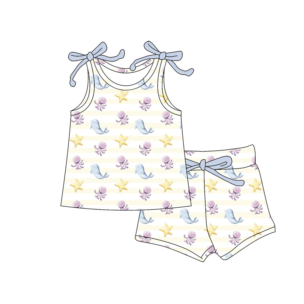 Preorder (moq 5)Baby Girls Bows Sleeveless Sea World Stars Top Short Clothes Sets