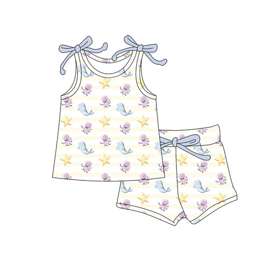 Preorder (moq 5)Baby Girls Bows Sleeveless Sea World Stars Top Short Clothes Sets