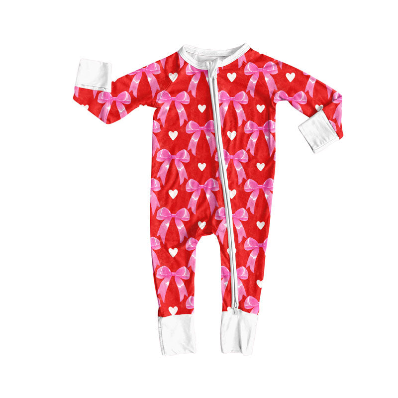 Preorder(moq 8)Baby Girls Bows Hearts Plaid Valentine Zipper Footie Rompers