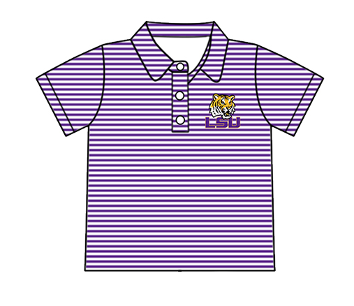 Preorder moq 5 Baby Boys Short Sleeve Purple Stripe LSU Tiger Team Button Polo Shirt Top