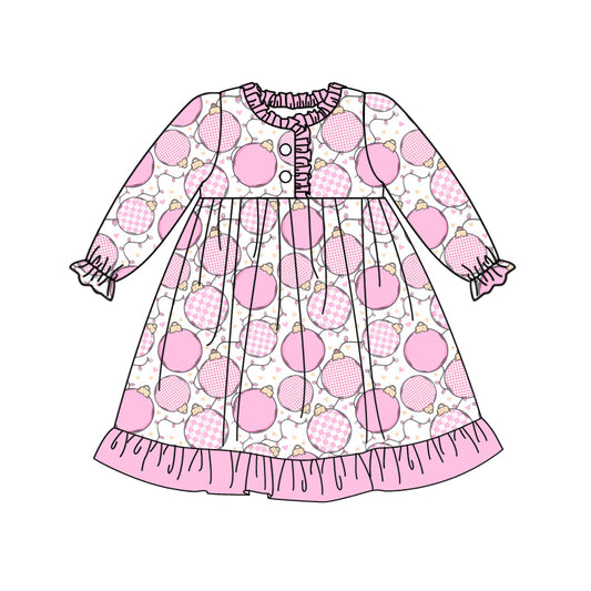 Preorder moq 5 Baby Girls Long Ruffle Sleeves Button Top Pink Bulbs Plaid Ruffle Knee Length Dresses