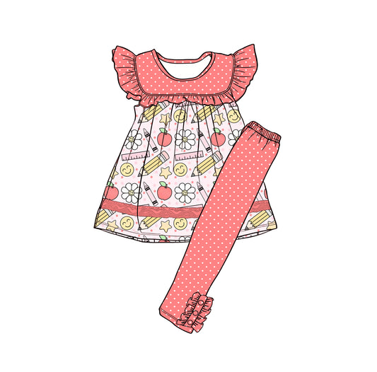 Preorder (moq 5)Baby Girls Apples Pencils Tunic Polka Dots Leggings Back to School Clothes Sets