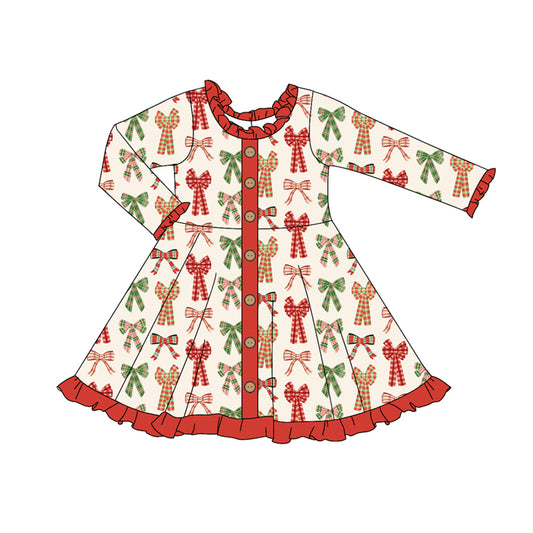Preorder (moq 5)Baby Girls Long Sleeves Plaid Bows Button Ruffle Knee Length Dresses