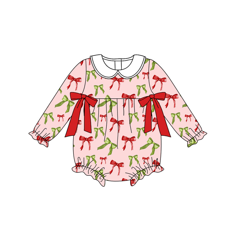 Preorder moq 5 Baby Infant Girls Long Sleeves Red Green Bows Plaid Ruffle Romper