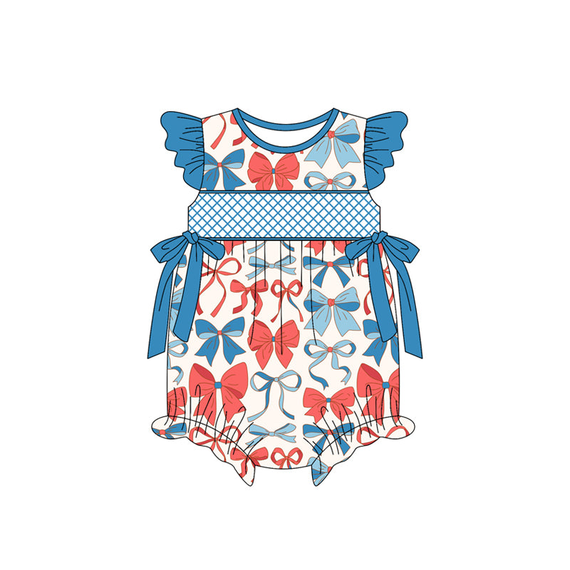Preorder moq 5 Baby Girls Flutter Sleeves Blue Red Bows 4th Of July Ruffle Rompers