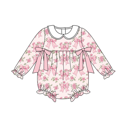 Preorder(moq 5)Baby Girls Pink Flowers Bows Plaid Ruffle Rompers