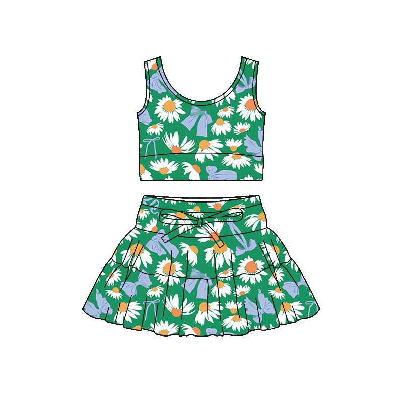 Preorder (moq 5)Baby Girls Bows Daisy Flowers Vest Top Ruffle Skirt Short Clothes Sets