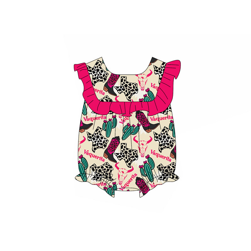 Preorder(moq 5)Baby Infant Girls Pink Sleeveless Boots Cactus Ruffle Rompers