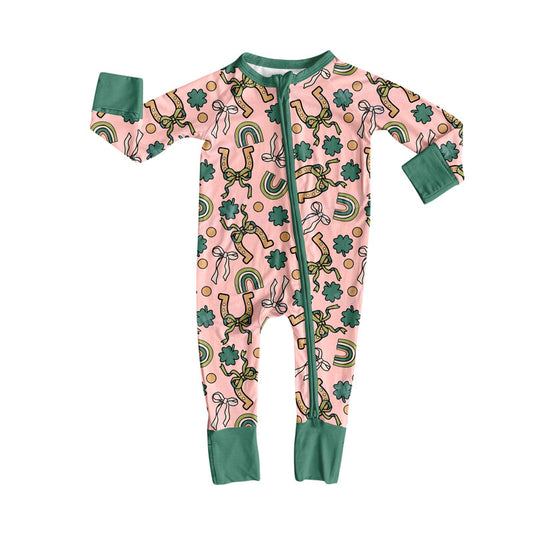 Preorder (moq 5)Baby Girls Clovers Bows St Patrick Zipper Footie Rompers