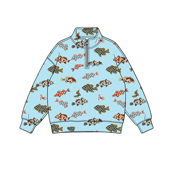 Preorder (moq 5) Baby Boy Clothes Colorful Bass Fish Hunting Print Long Sleeve Quarter Zip Pullover