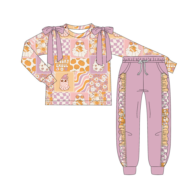 Preorder (moq 5)Baby Girls Long Sleeves Ghost Pumpkins Plaid Top Pockets Pant Clothes Set