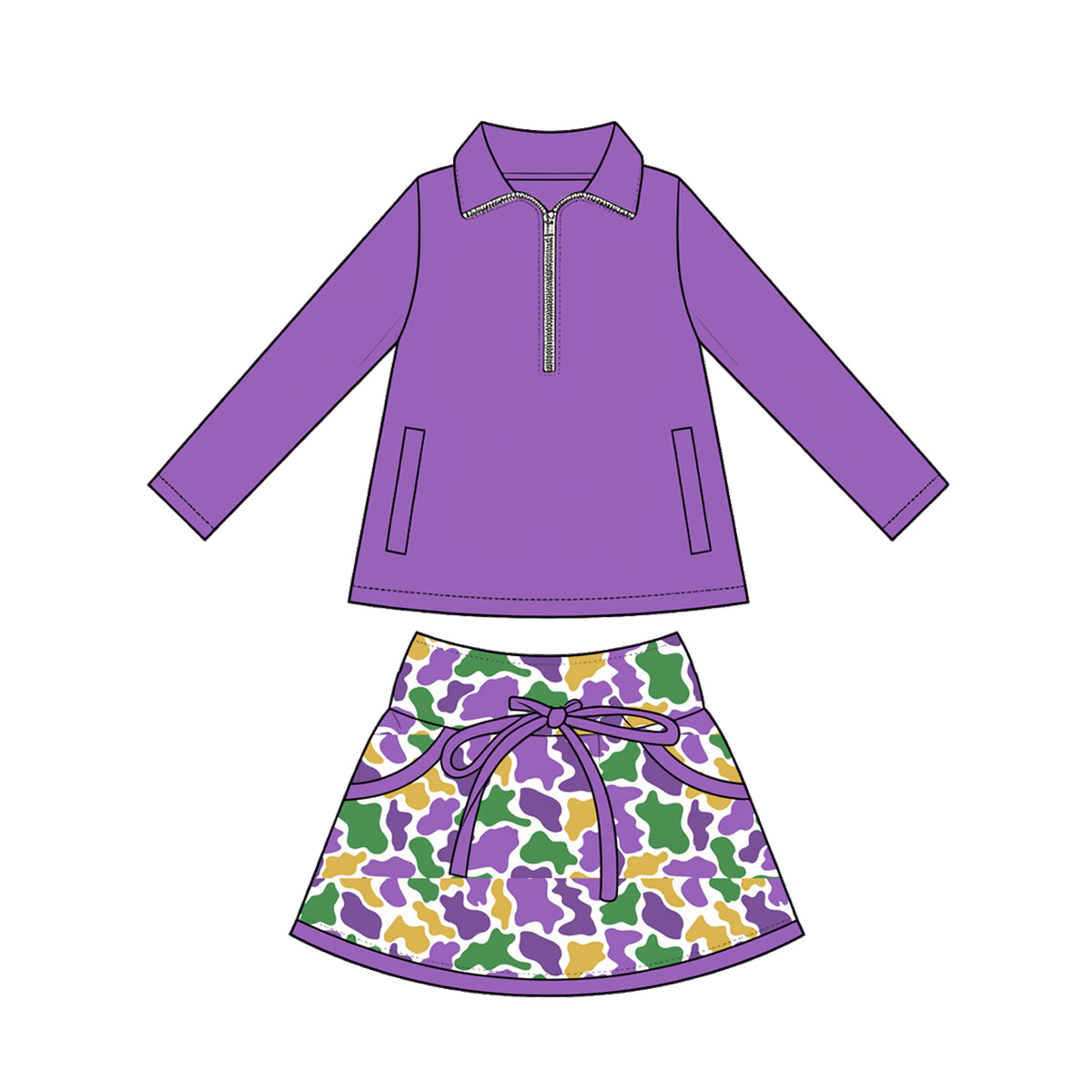 Preorder (moq 5) Baby Girl Clothes Mardi Gras Cow Camo Print Purple Long Sleeve Half Zip Top Bow Skirt Set
