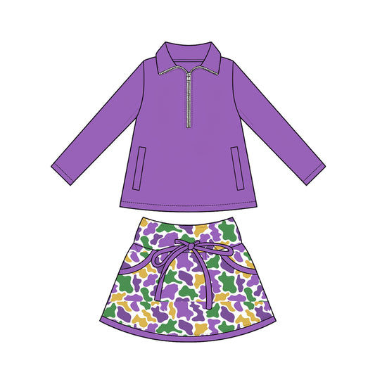Preorder (moq 5) Baby Girl Clothes Mardi Gras Cow Camo Print Purple Long Sleeve Half Zip Top Bow Skirt Set