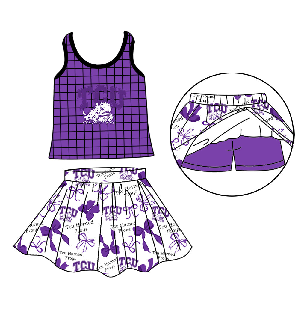 Preorder (moq 5)Baby Girls Purple Checked TCU Frogs Top Bows Skirt Short Team Set