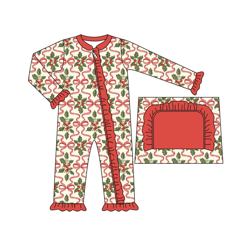 preorder(moq 5)Baby Infant Girls Red Bows Holly Plaid Ruffle Christmas Zipper Rompers
