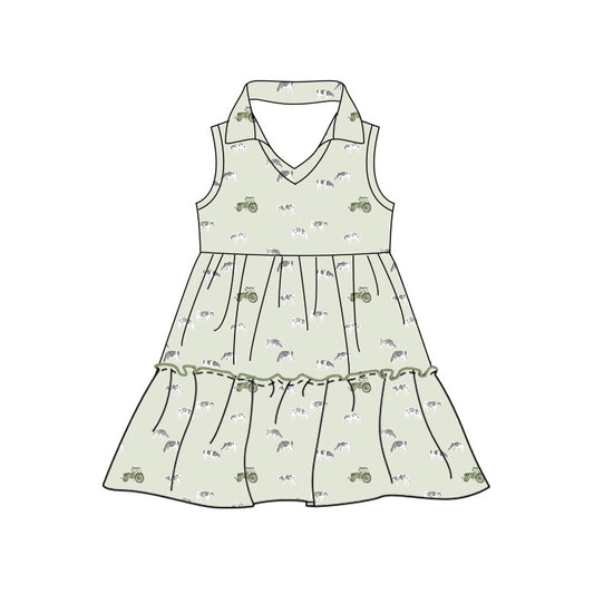 Preorder moq 5 Baby Girls Sleeveless Cows Trucks Farm Patchwork Knee Length Dress