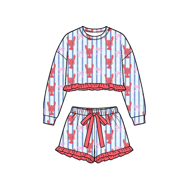 Preorder (moq 5) Baby Girl Clothes Crawfish Bow Stripe Print Long Sleeve Crop Top Ruffle Short Set