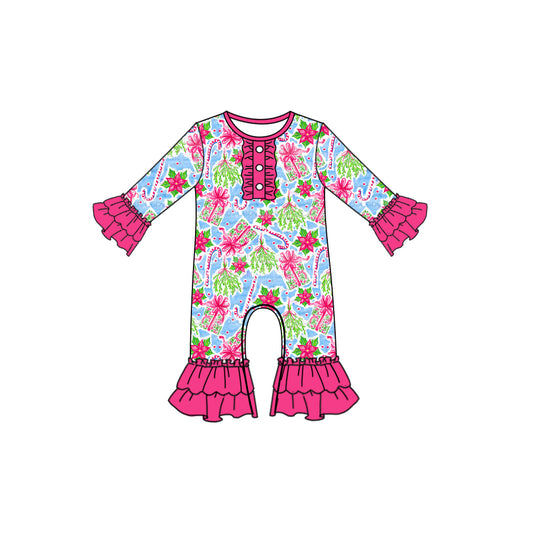 Preorder moq 5 Baby Girls Long Ruffle Sleeves Bows Candy Cane Button Pant Rompers