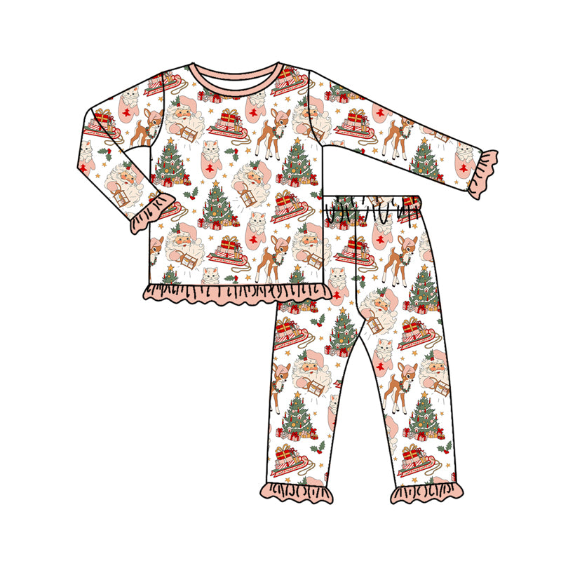 Preorder (moq 5)Baby Girls Long Ruffle Sleeves Deer Tree Top Pants Pajamas Set