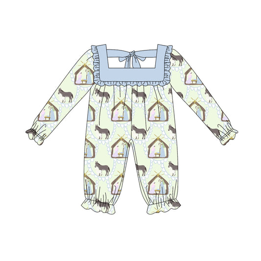 Preorder (moq 5)Baby Girls Long Ruffle Sleeves Donkey Jesus Rompers